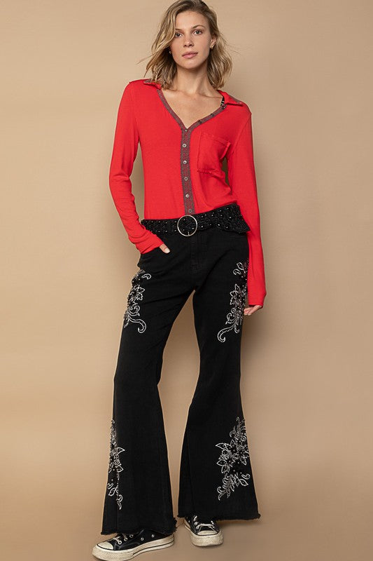 Optima Raw Hem Embroidered Flare Pants