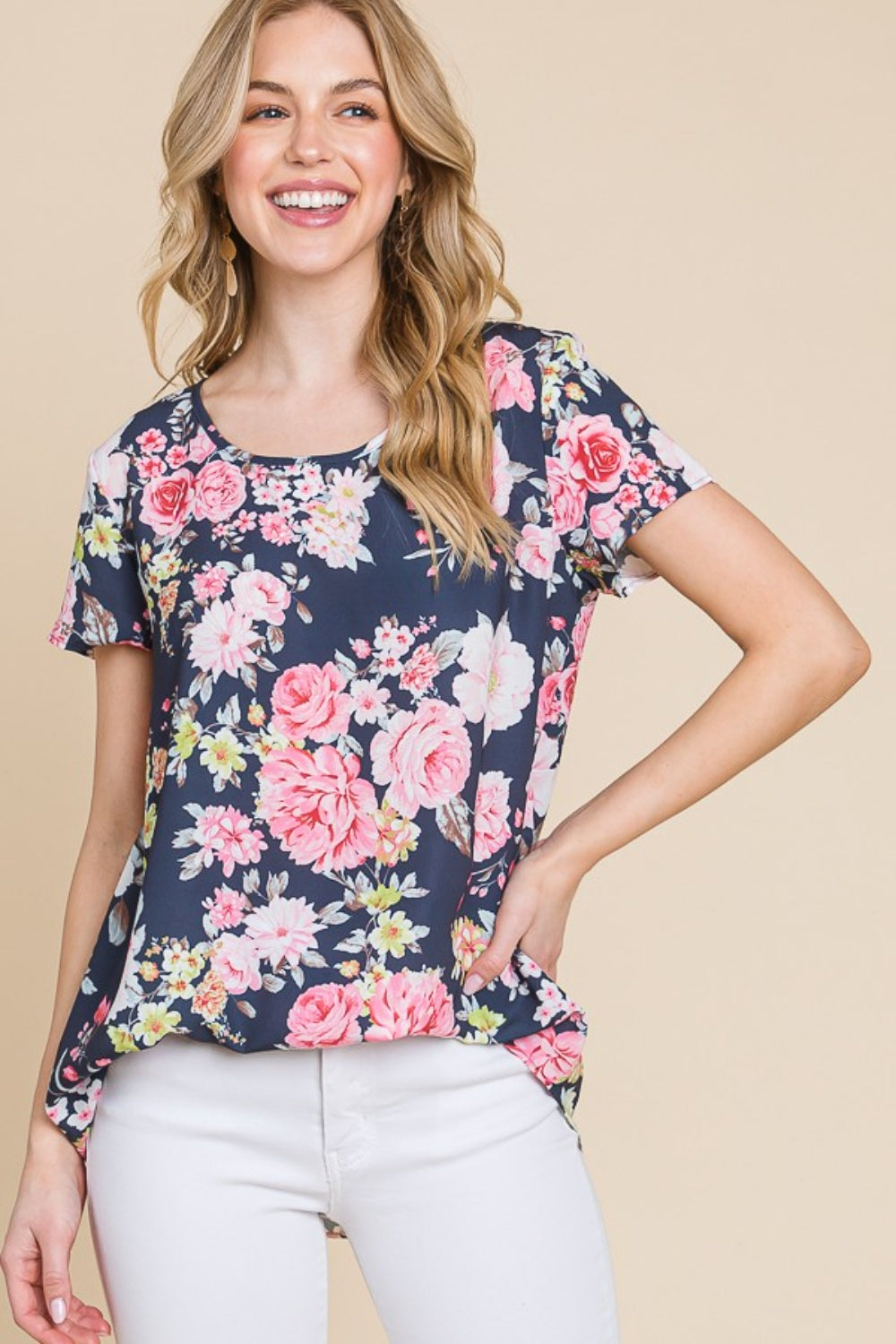 Crepe Contour Floral Round Neck Short Sleeve T-Shirt