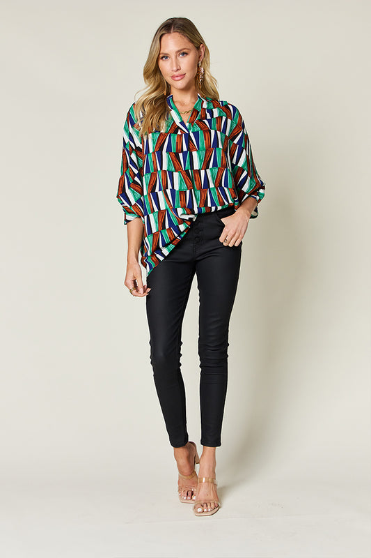 Full Size Geometric Notched Dolman Sleeve Top