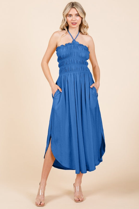 SANS BLUE Tie Back Shirring Dress with Pockets