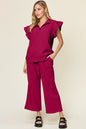 Texture Ruffle Short Sleeve Top and Drawstring Wide Leg Pants Set