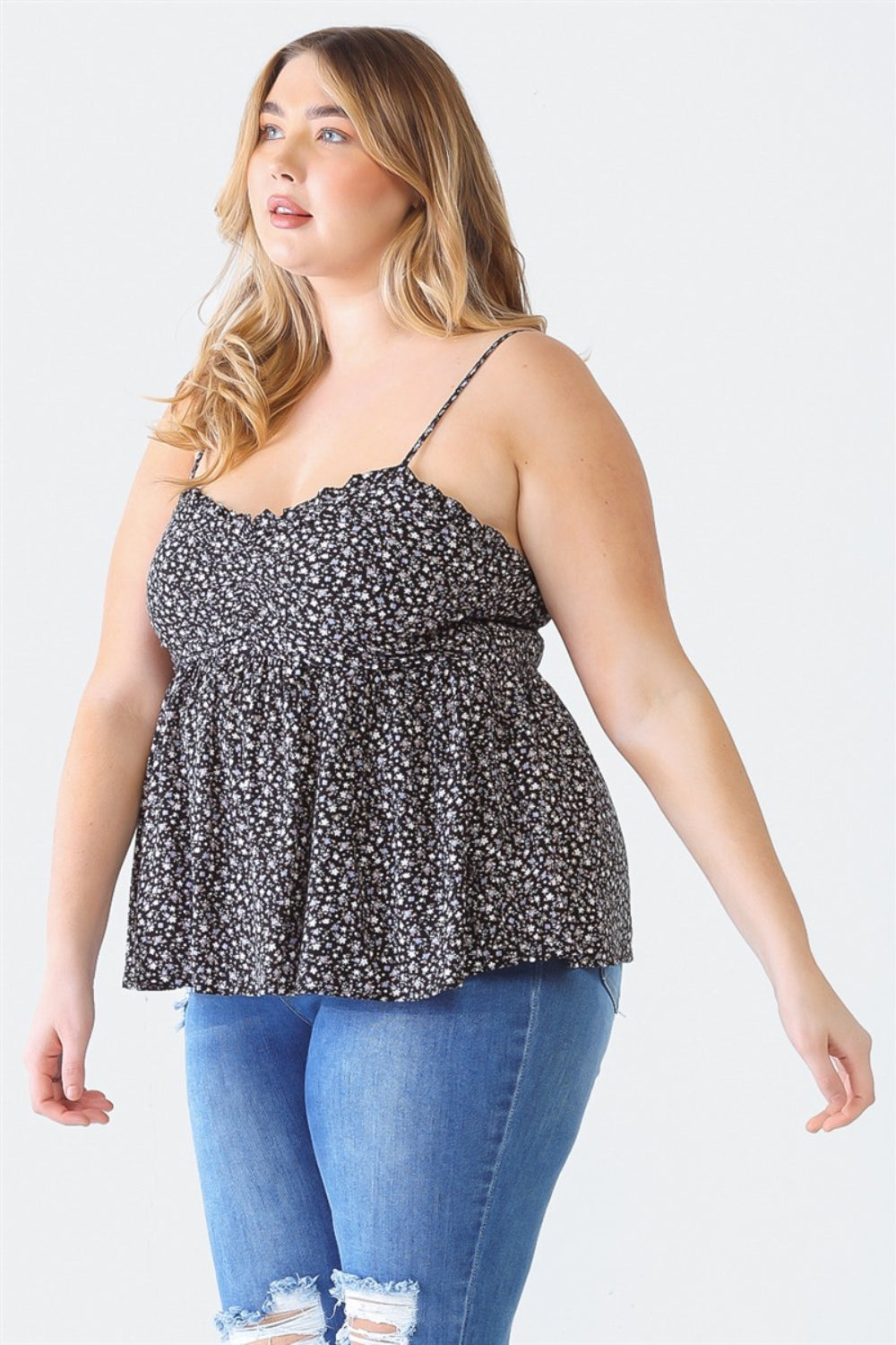 Sans Plus Size Frill Smocked Floral Sweetheart Neck Cami