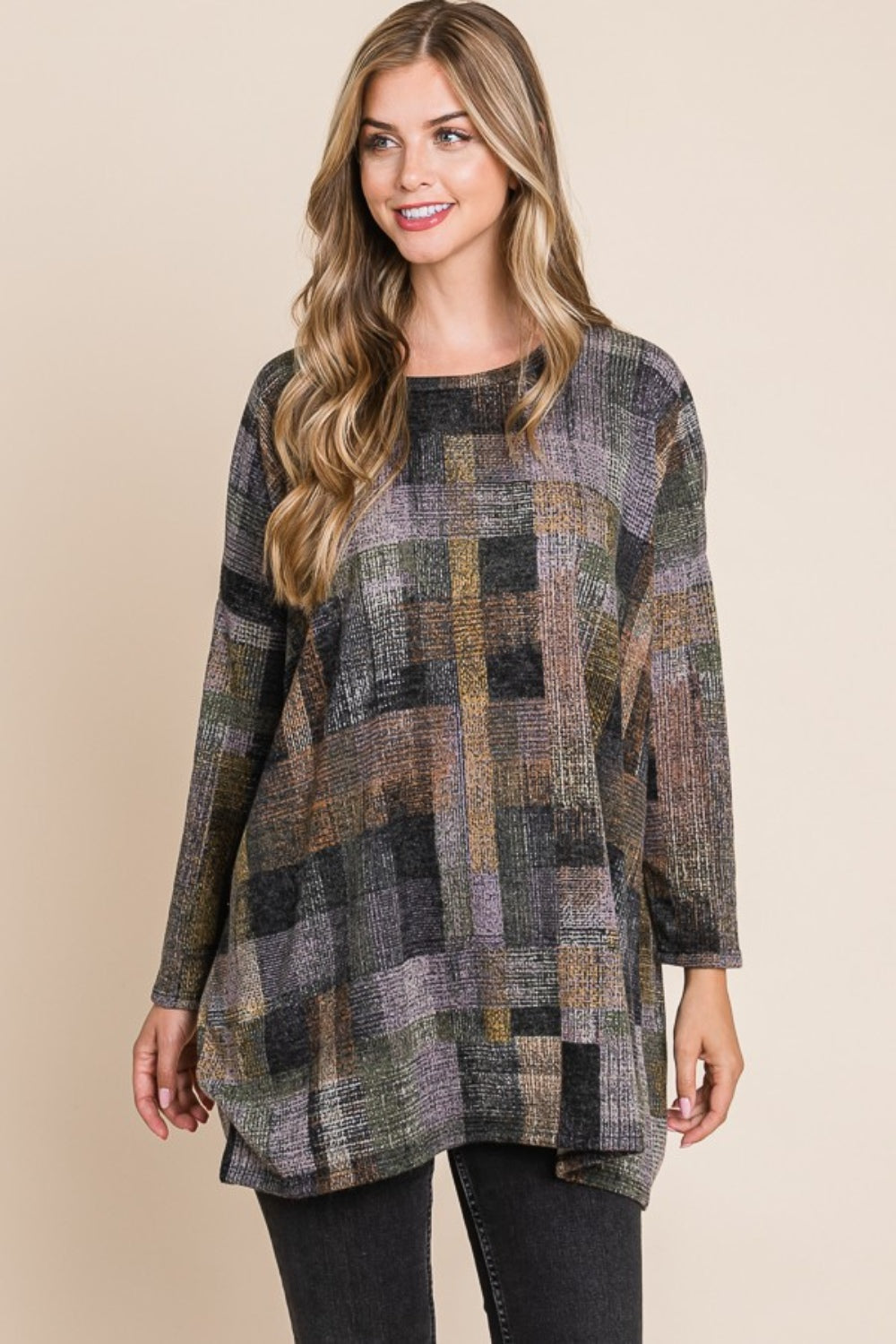 Effortless Elegance Plaid Round Neck Long Sleeve Top