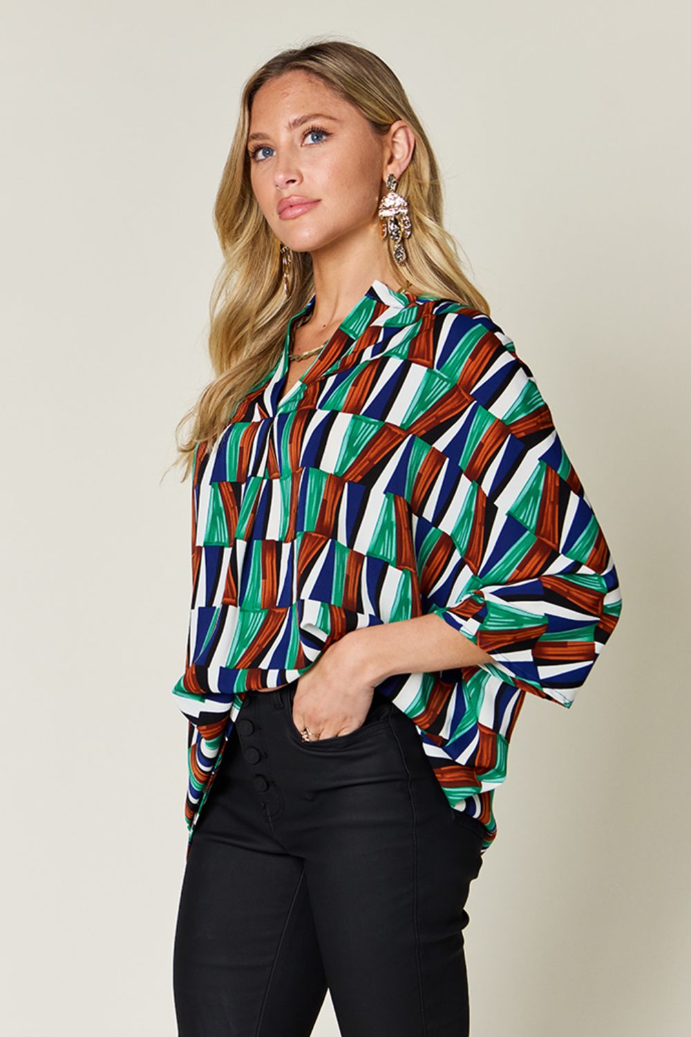 Full Size Geometric Notched Dolman Sleeve Top