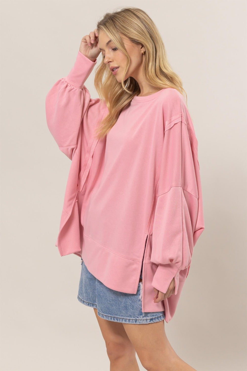 Moments of Bliss French Terry Long Sleeve High-Low Slit Sweatshirt