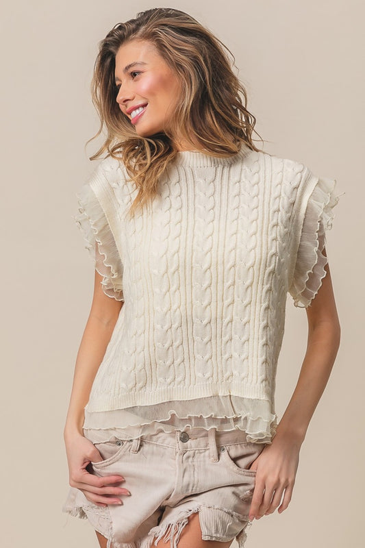 SANS Layered Pleat Chiffon Edge Cable Knit Top