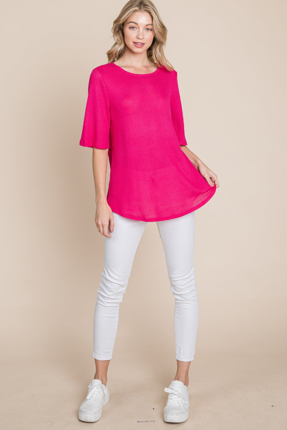 SANSY Round Neck Waffle Knit T-Shirt