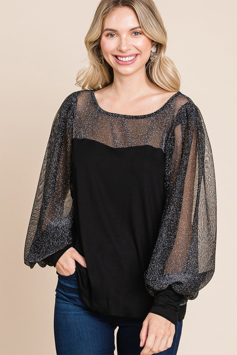 Ephemeral Grace Metallic Mesh Lantern Sleeve Blouse