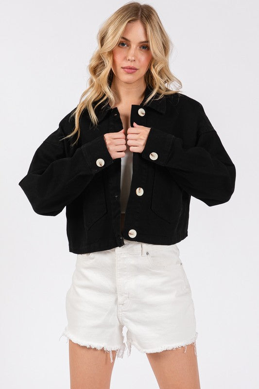 Button Down Cropped Denim Jacket with Patch Pockets