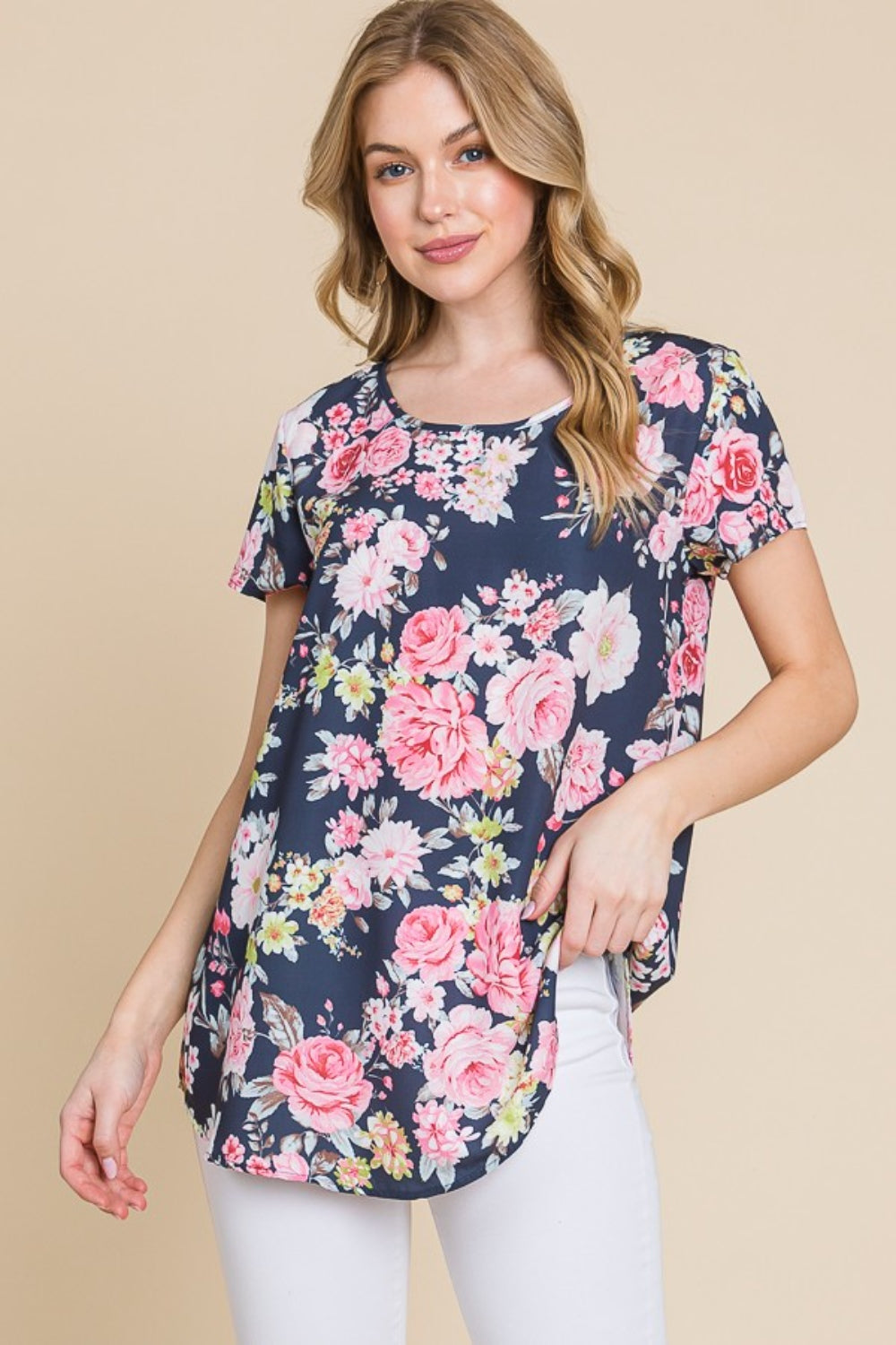 Crepe Contour Floral Round Neck Short Sleeve T-Shirt