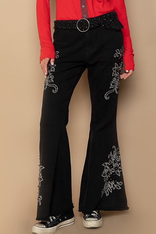 Optima Raw Hem Embroidered Flare Pants