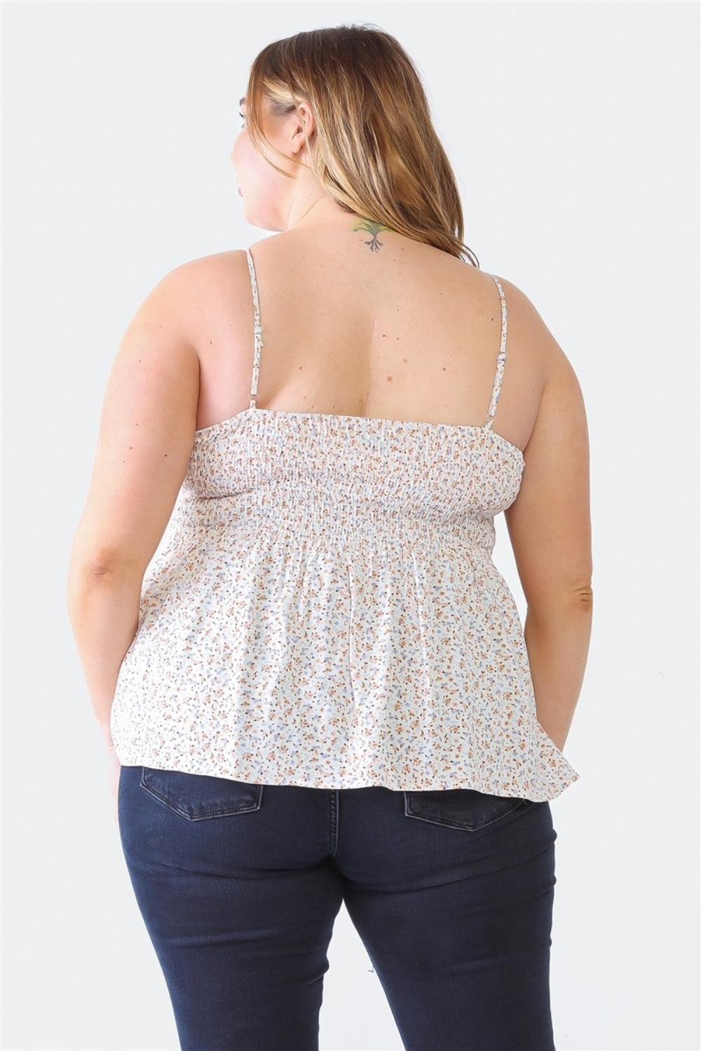 Sans Plus Size Frill Smocked Floral Sweetheart Neck Cami