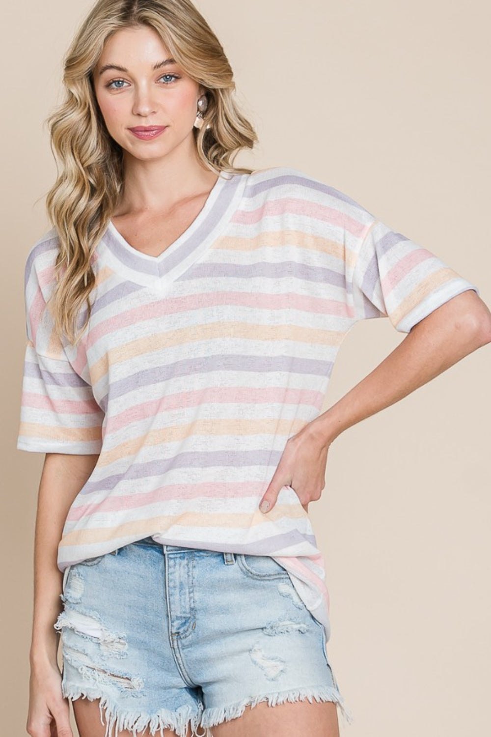 Soulful Bloom Striped V-Neck Short Sleeve T-Shirt