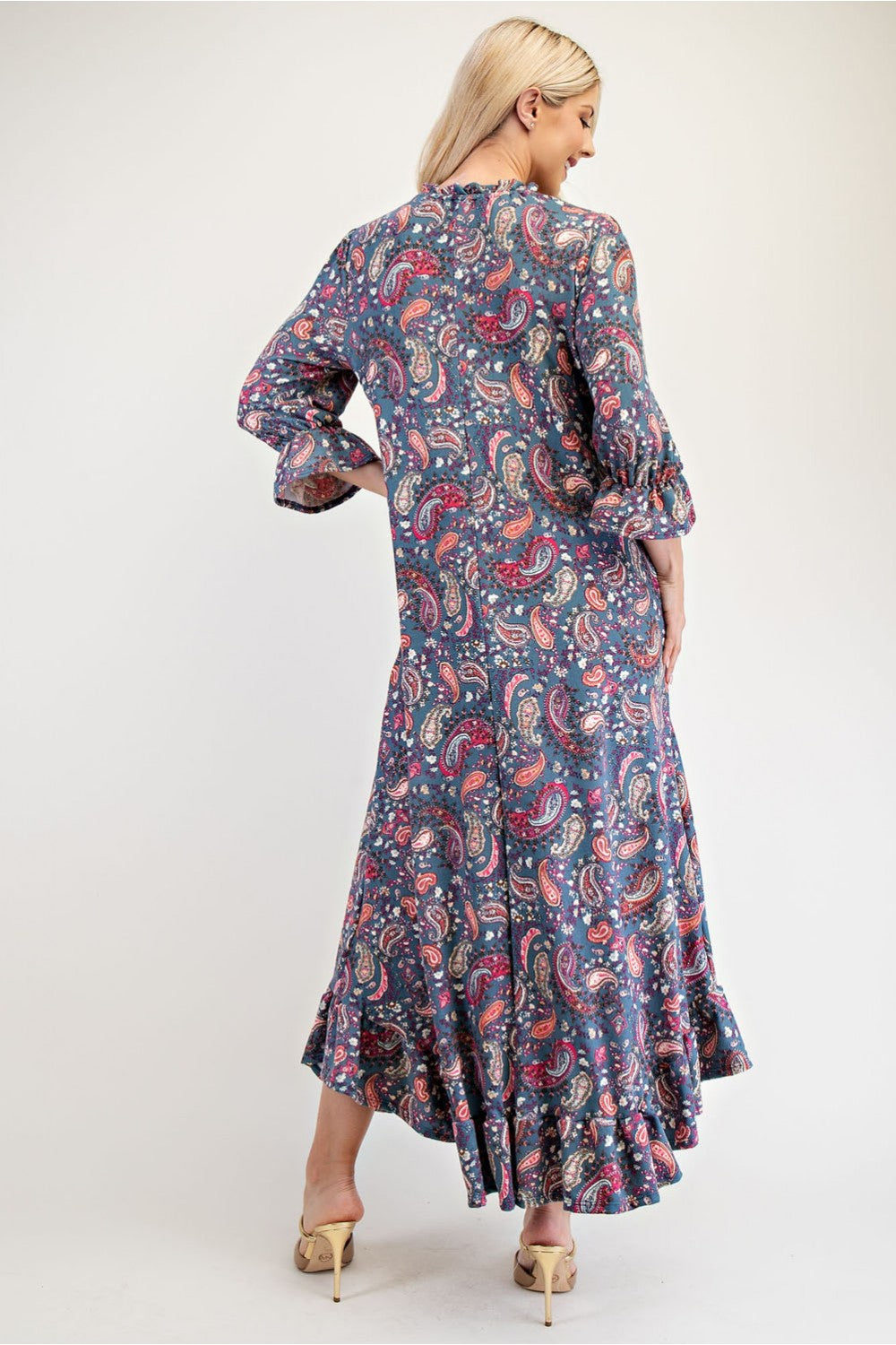 Full Size Ruffle Hem Paisley Round Neck Dress