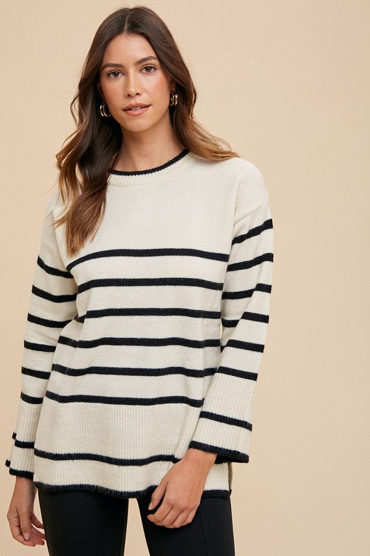 The Hand-Woven Side Slit Striped Round Neck Sweater