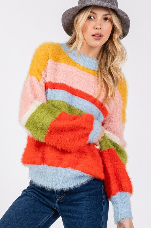 The Cozy Retreat Block Round Neck Dropped Shoulder Sweater