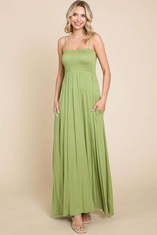 Silken Whisper Smocked Cami Maxi Dress with Pockets