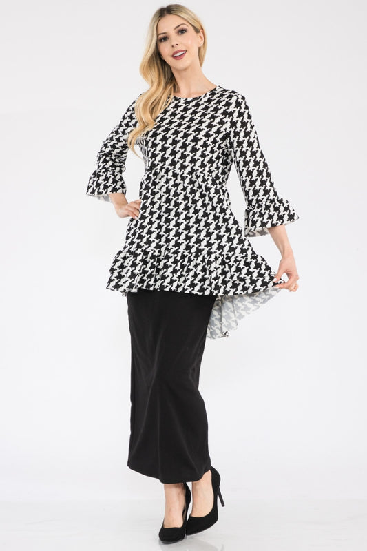 Houndstooth Flounce Sleeve High-Low Top