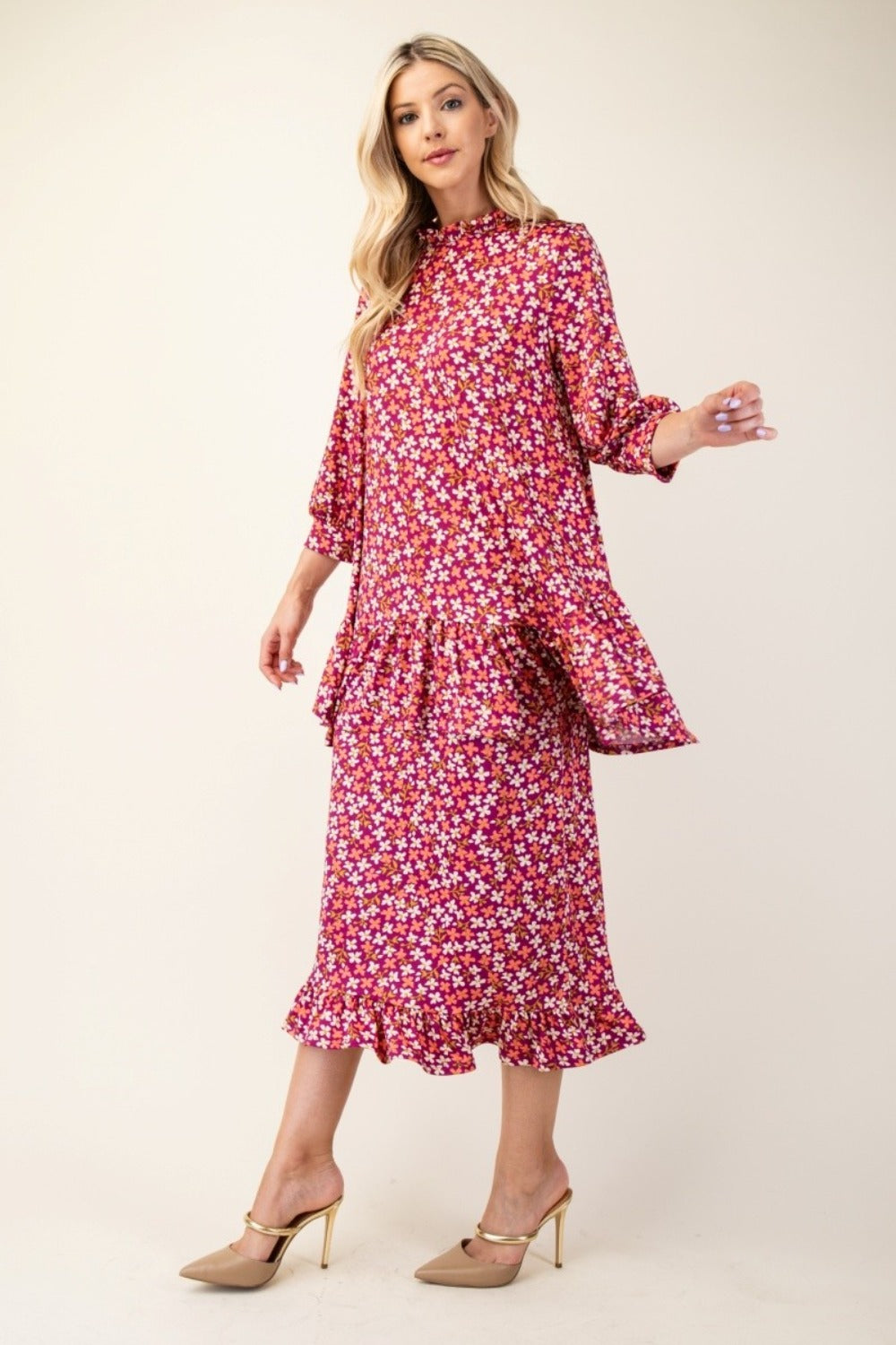 Floral Ruffled Top and Midi Skirt Set