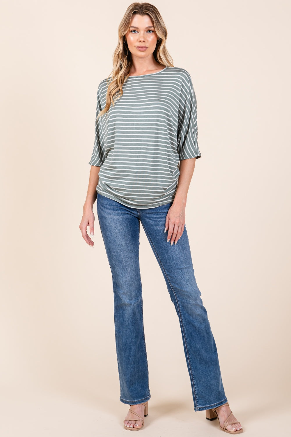 Crepe Contour Striped Boat Neck Dolman Sleeve Top