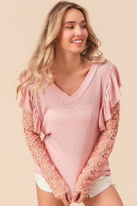 SANS Ruffled Lace Sleeve Rib Knit Top