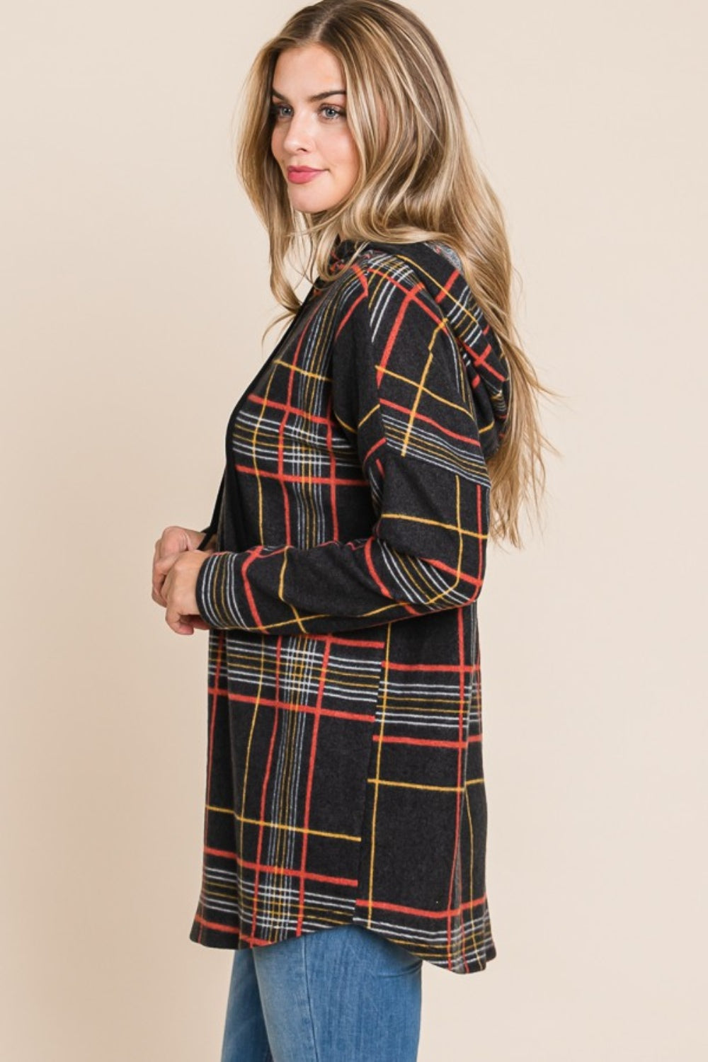 Simple Drawstring Plaid Long Sleeve Hoodie