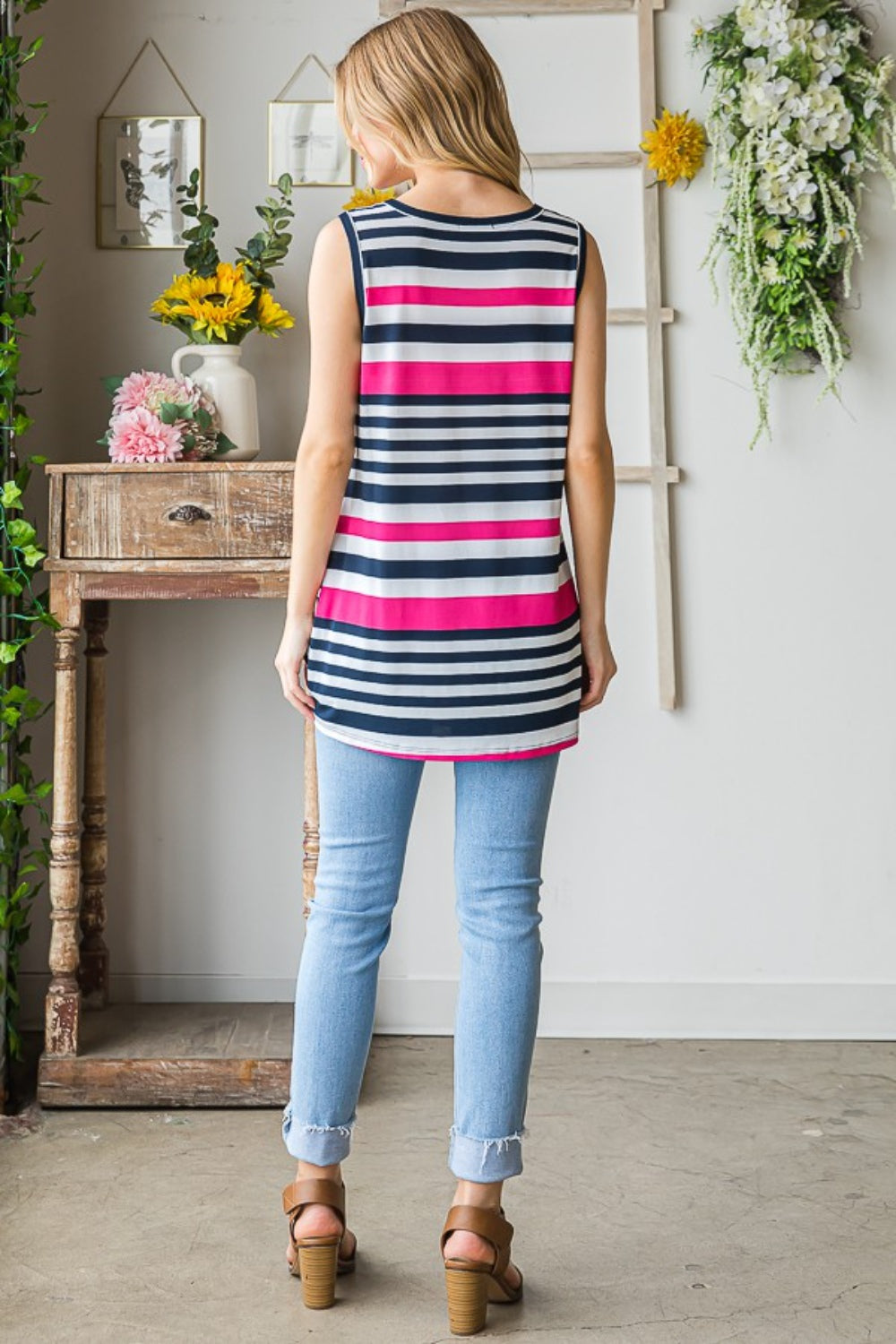 Full Size Striped Twist Knot Round Neck Tank