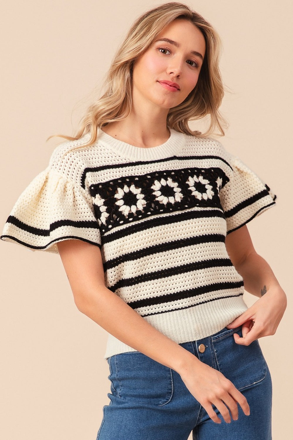 The Heirloom Granny Square Short Sleeve Striped Sweater