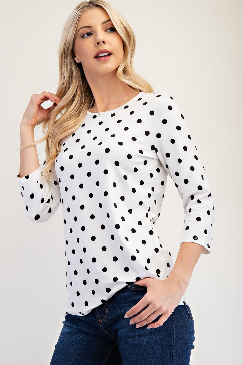 Polka Dot Round Neck Three-Quarter Sleeve T-Shirt