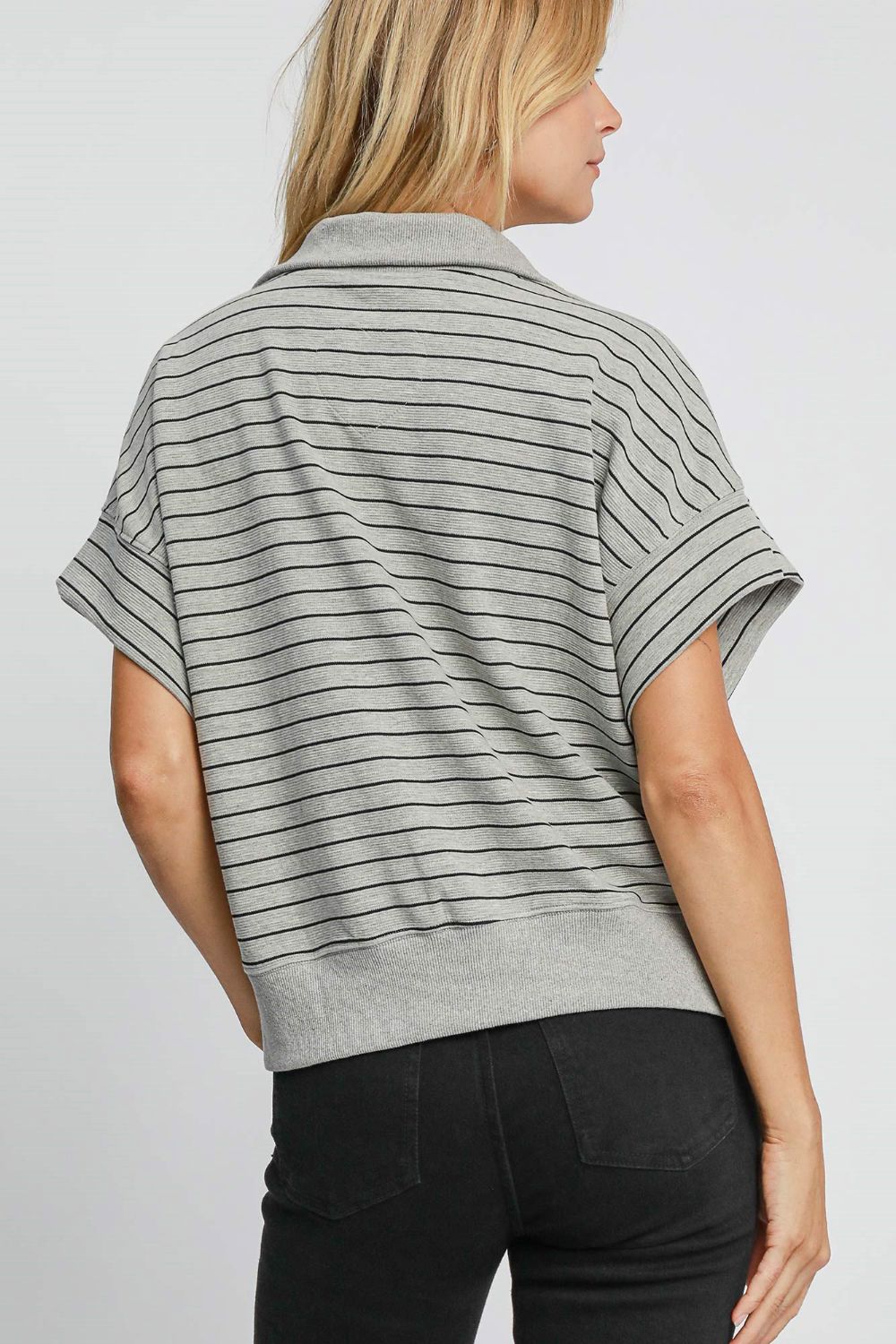 Crafted for Comfort Striped Half Zip Short Sleeve Sweatshirt