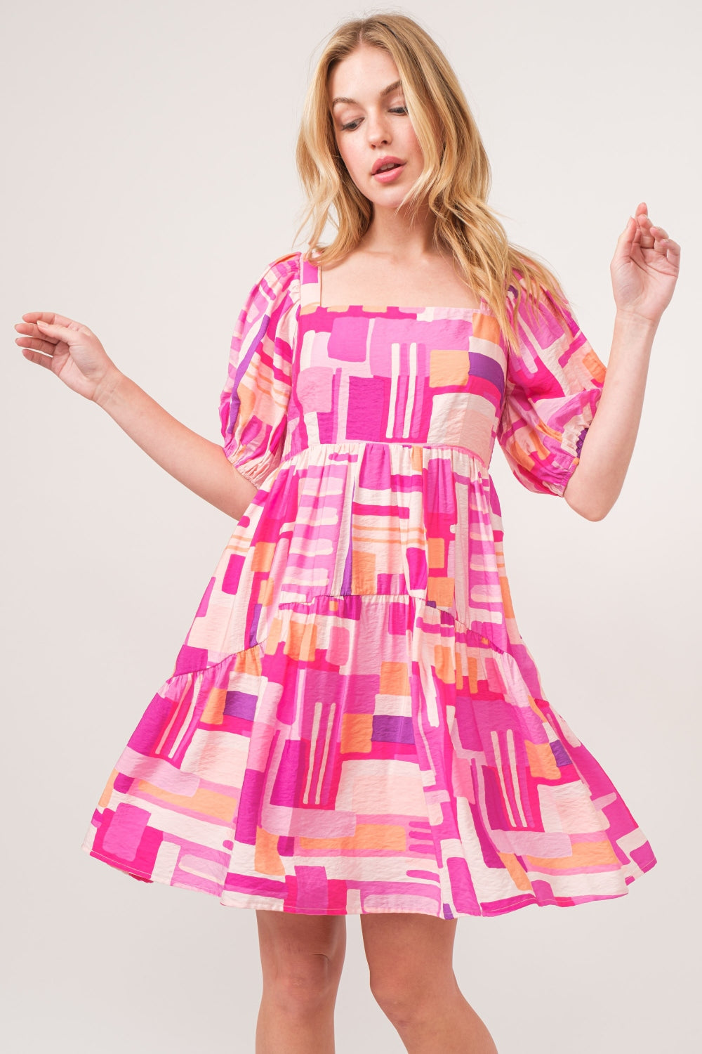 The Kaleidoscope Color Block Puff Sleeve Dress