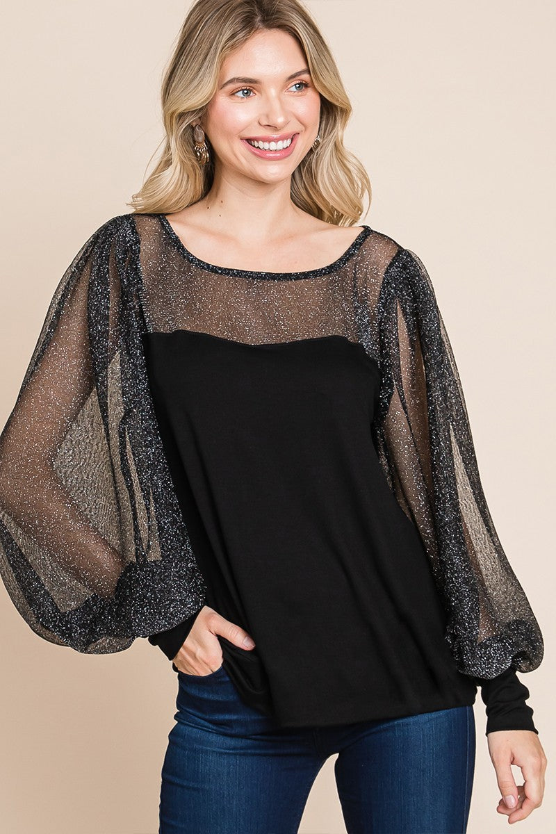 Ephemeral Grace Metallic Mesh Lantern Sleeve Blouse