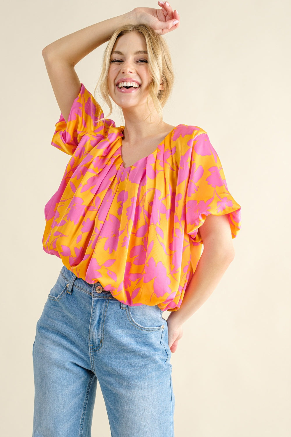 Sans Printed Satin Bubble Hem Top