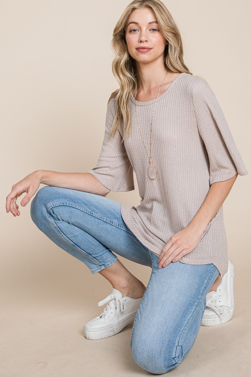 SANSY Round Neck Waffle Knit T-Shirt