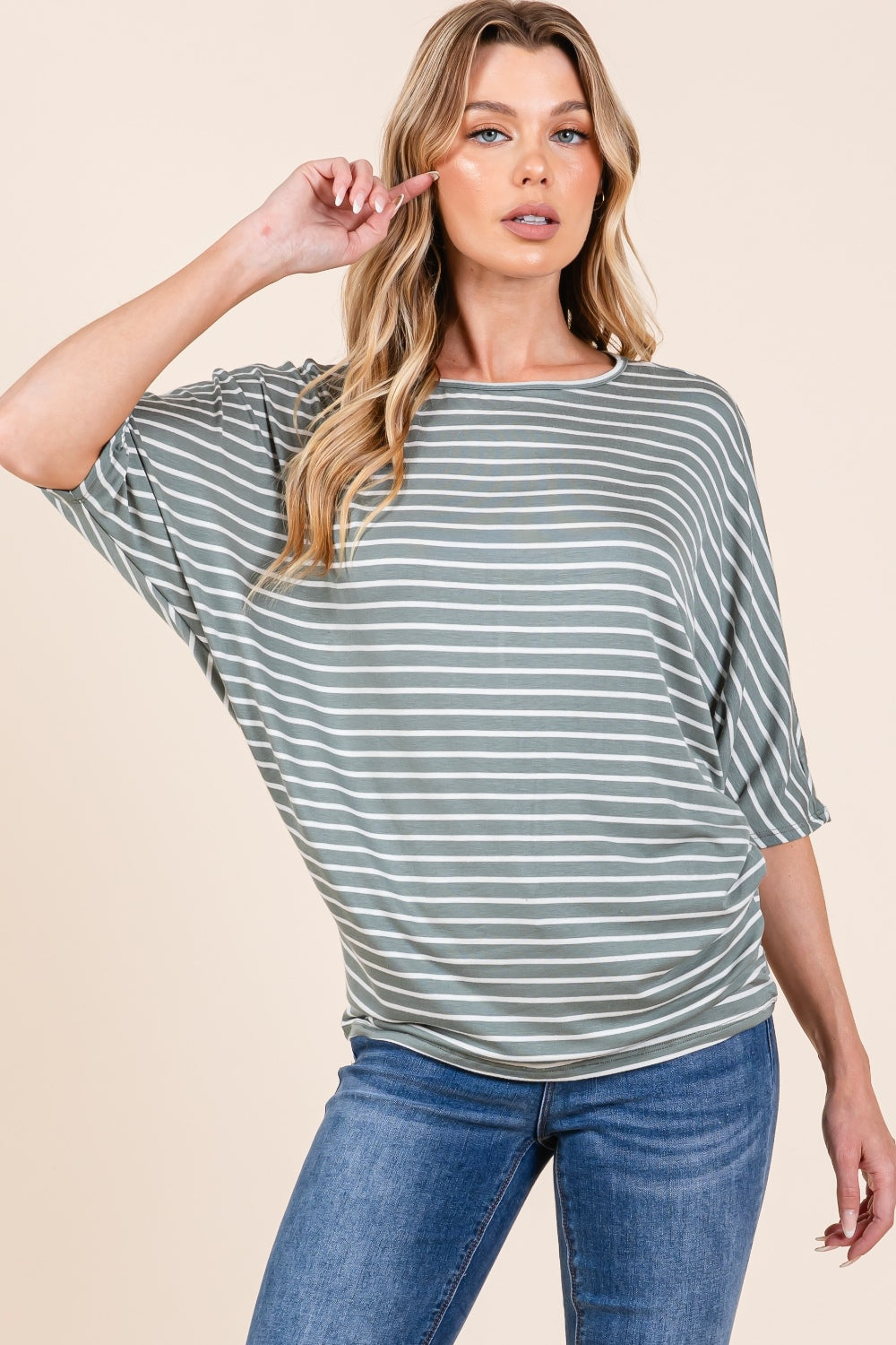 Crepe Contour Striped Boat Neck Dolman Sleeve Top