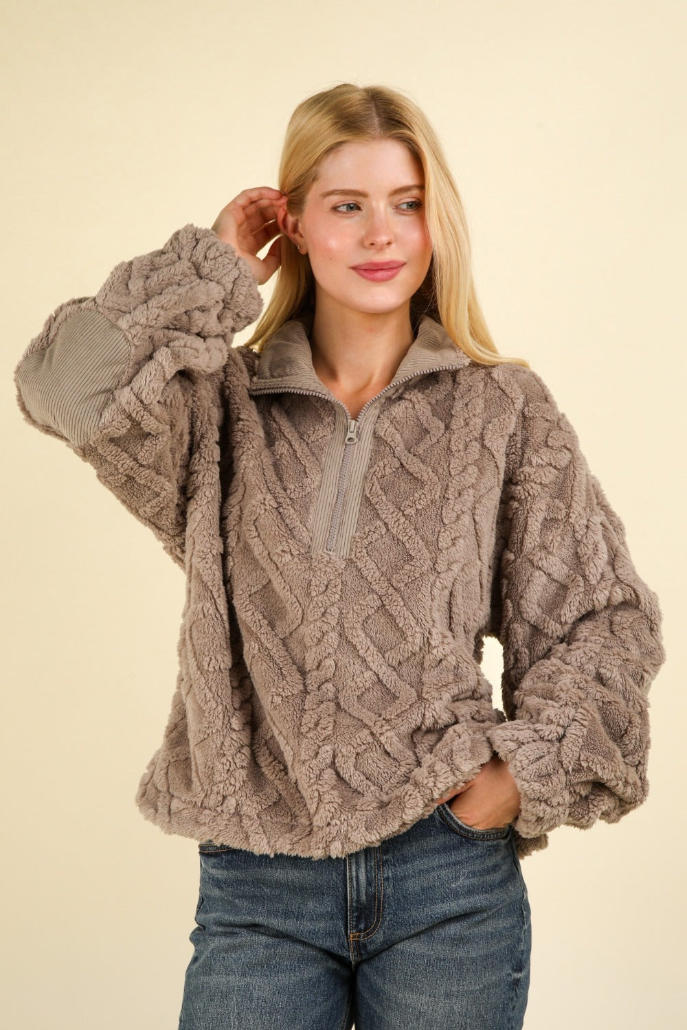 Sans Fleece Half Zip Cable Pattern Sweatshirt