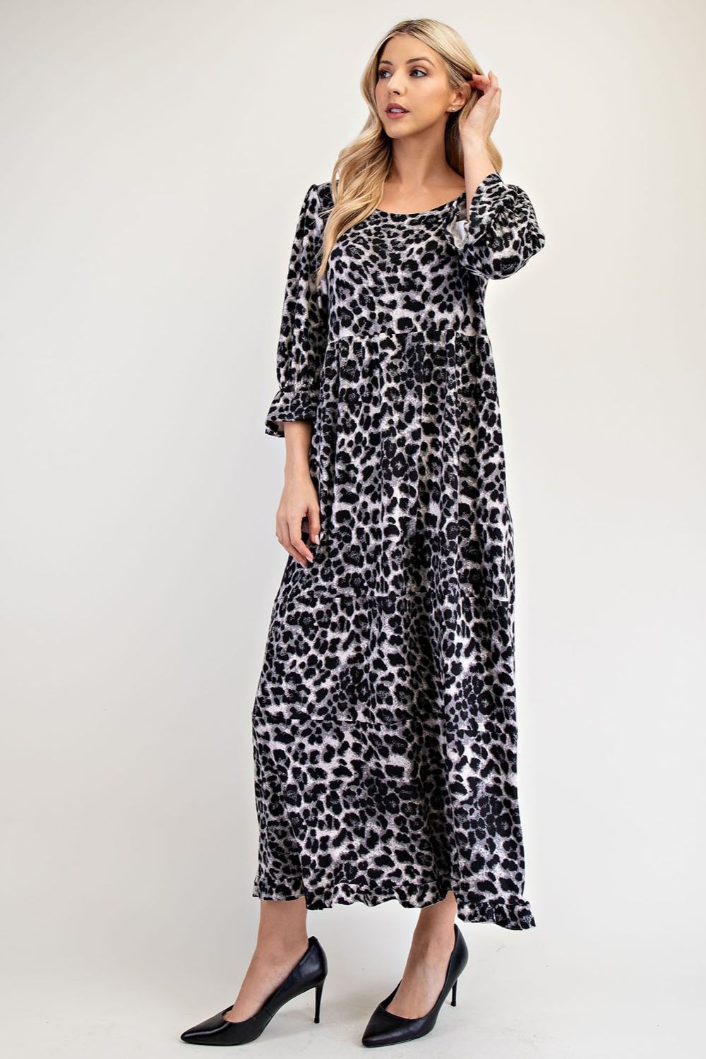 Leopard Round Neck Flounce Sleeve Dress