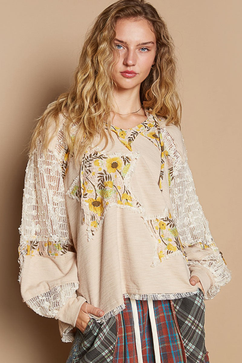 Sans Star Patch Lace Long Sleeve Hooded Top