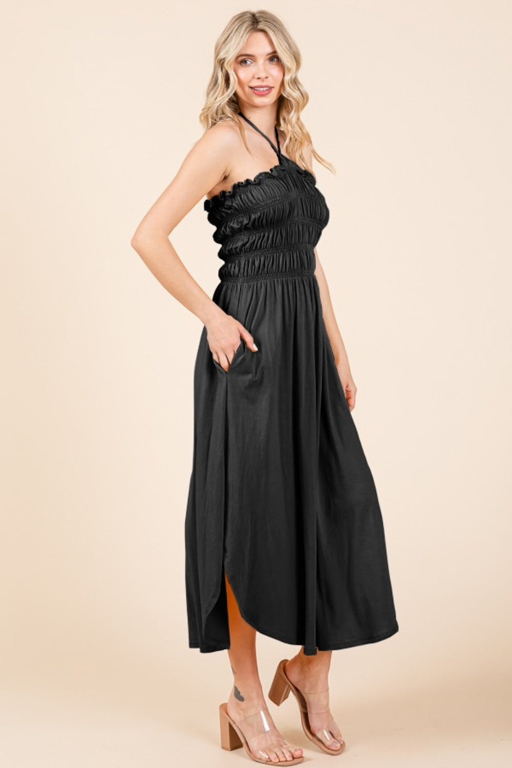 Moonlit Whispers Tie Back Shirring Dress with Pockets