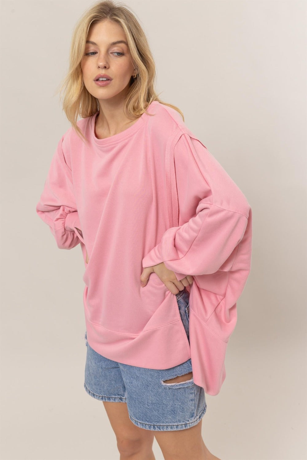 Moments of Bliss French Terry Long Sleeve High-Low Slit Sweatshirt