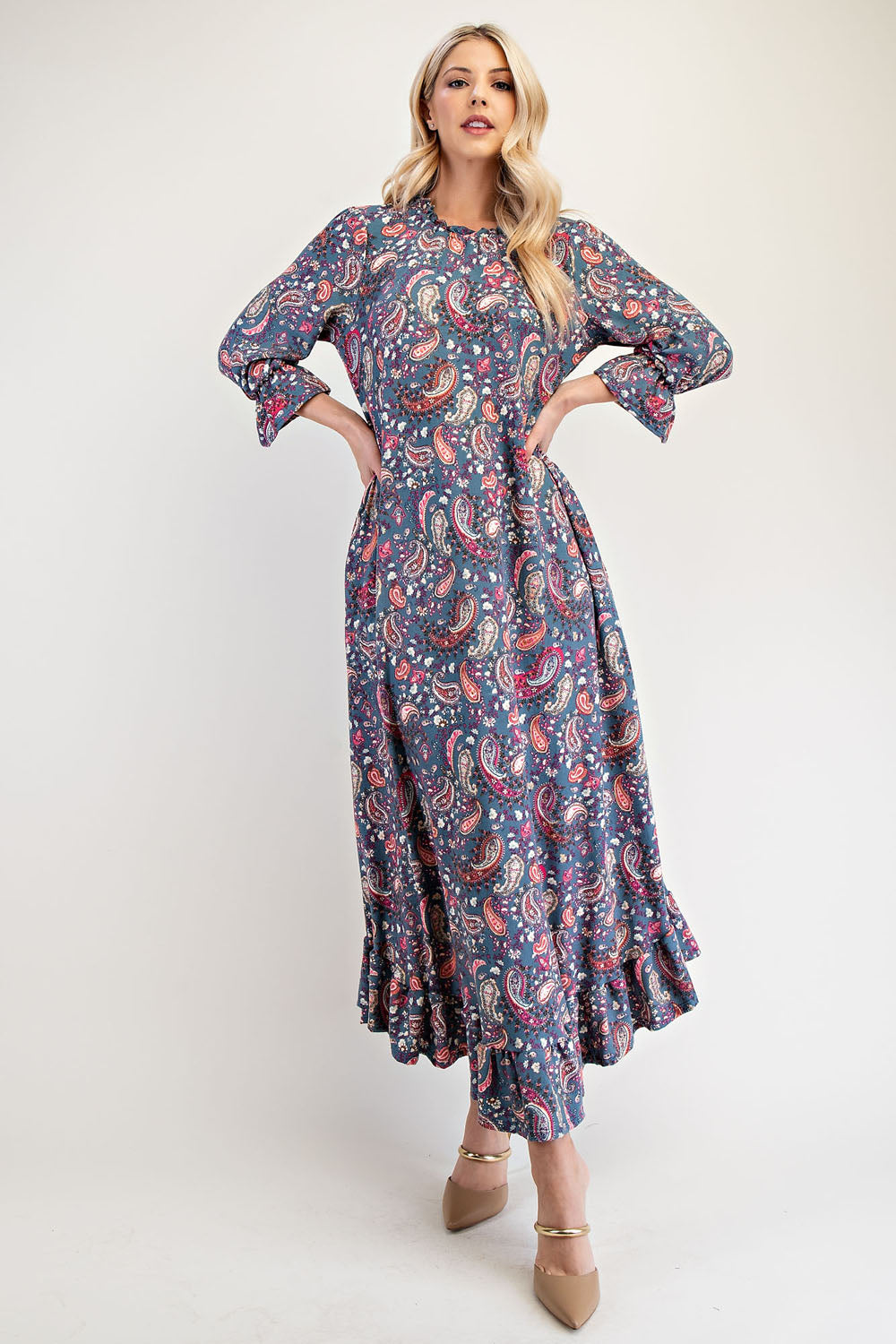 Full Size Ruffle Hem Paisley Round Neck Dress