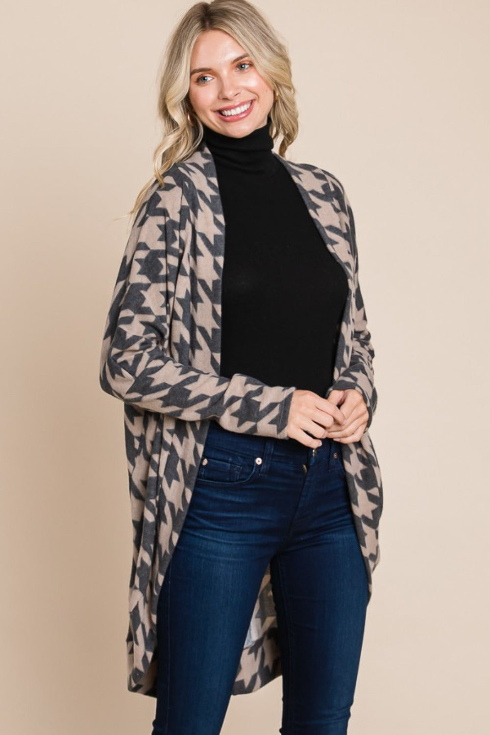 Sans Houndstooth Open Front Cocoon Knit Cardigan