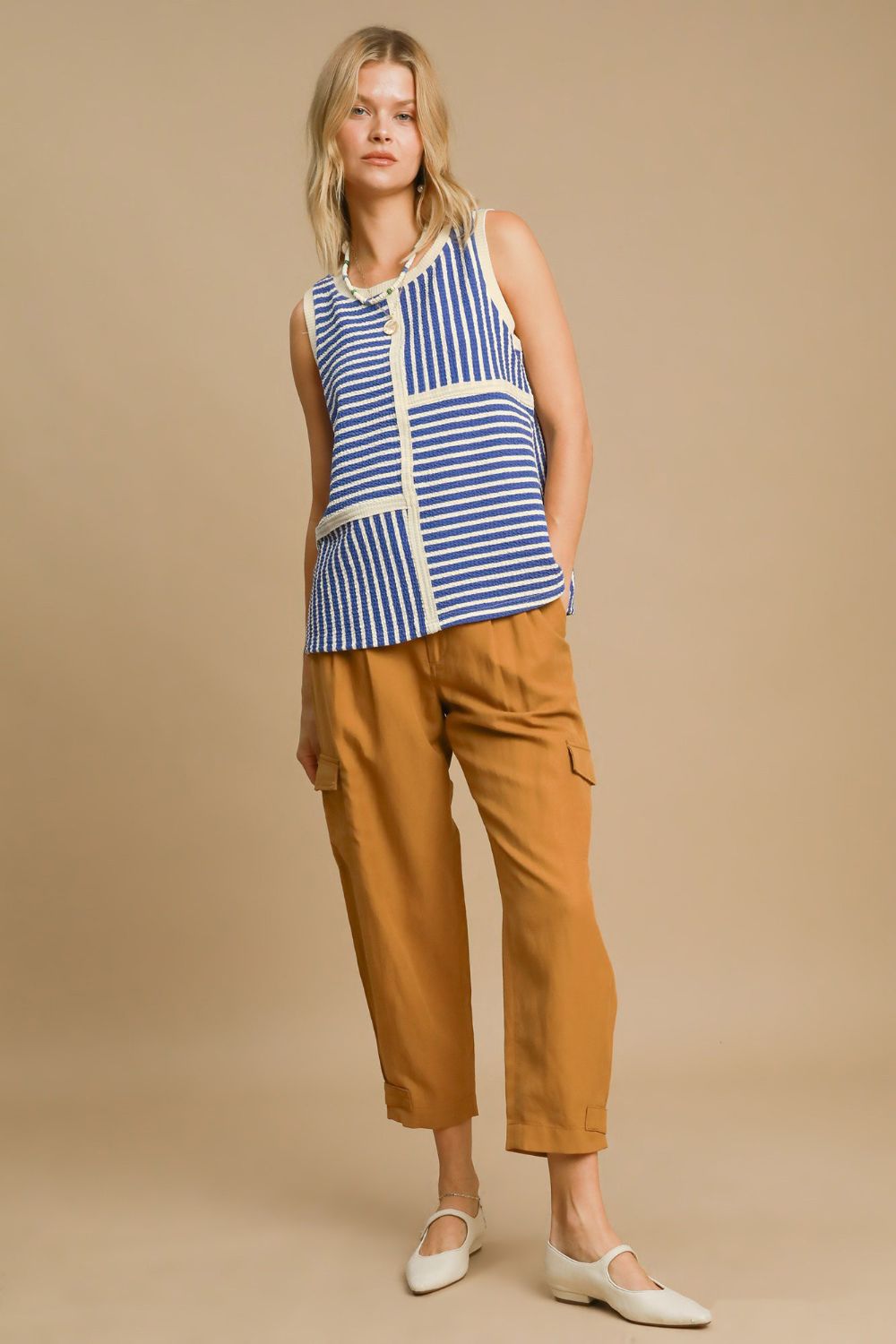 Round Neck Texture Striped Tank