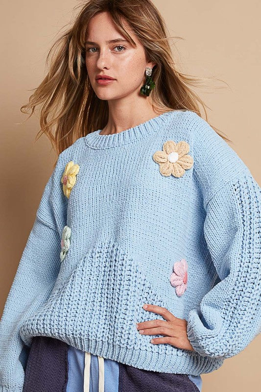 The Modern Weaver Crochet Flower Round Neck Dropped Shoulder Sweater