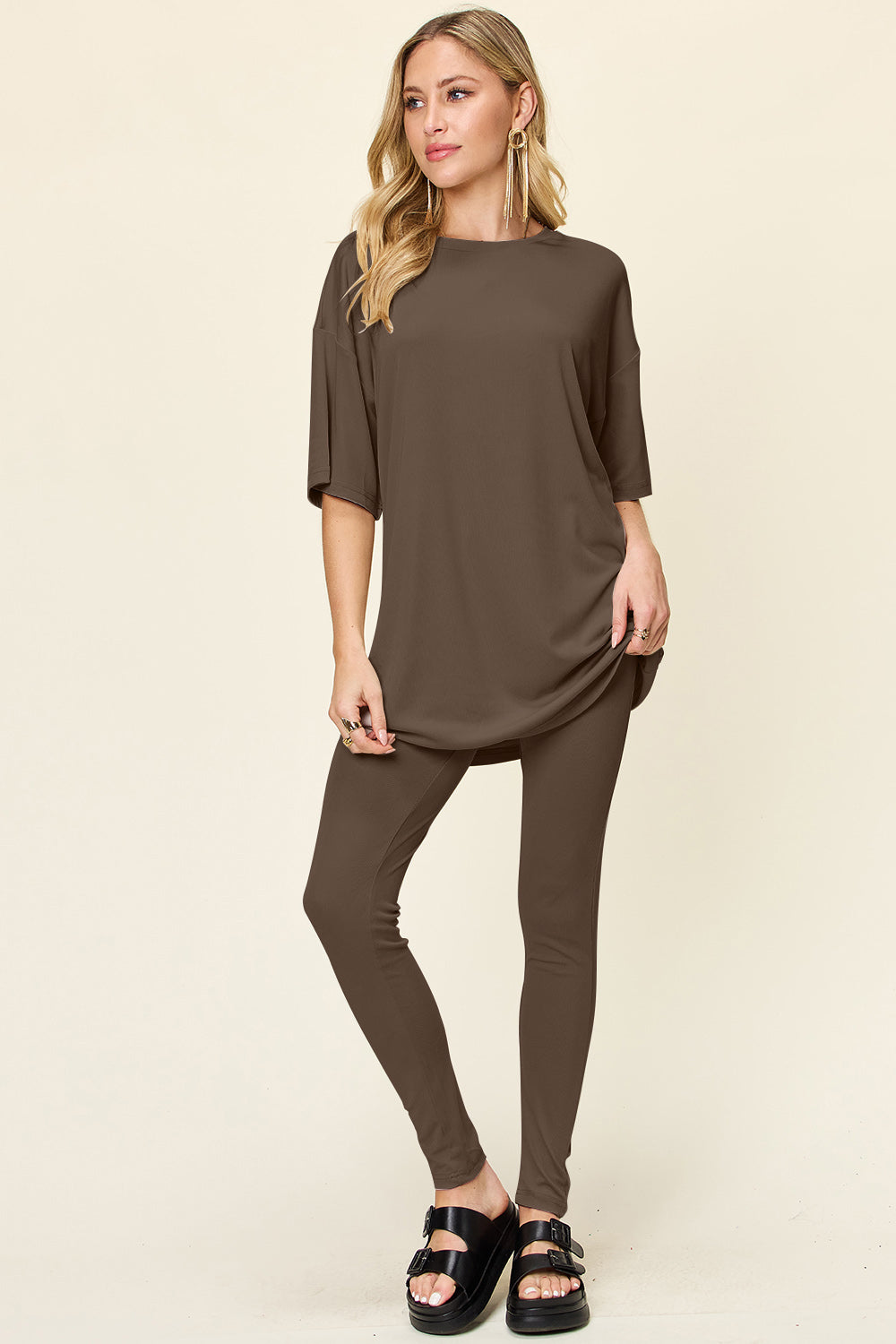 Round Neck Dropped Shoulder T-Shirt and Leggings Set