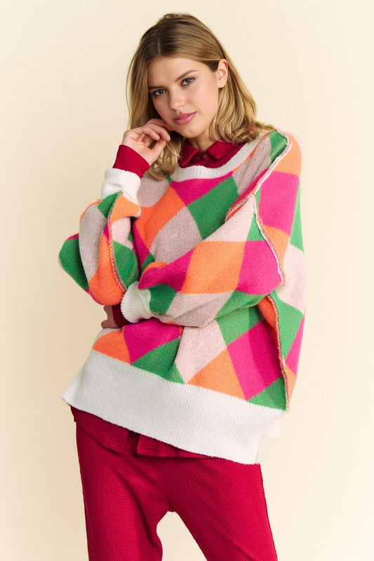 The Artisan Knit Exposed Seam Color Block Dropped Shoulder Sweater