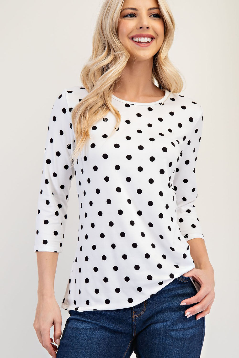 Polka Dot Round Neck Three-Quarter Sleeve T-Shirt