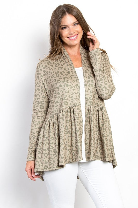 Peplum Leopard Open Front Long Sleeve Cardigan