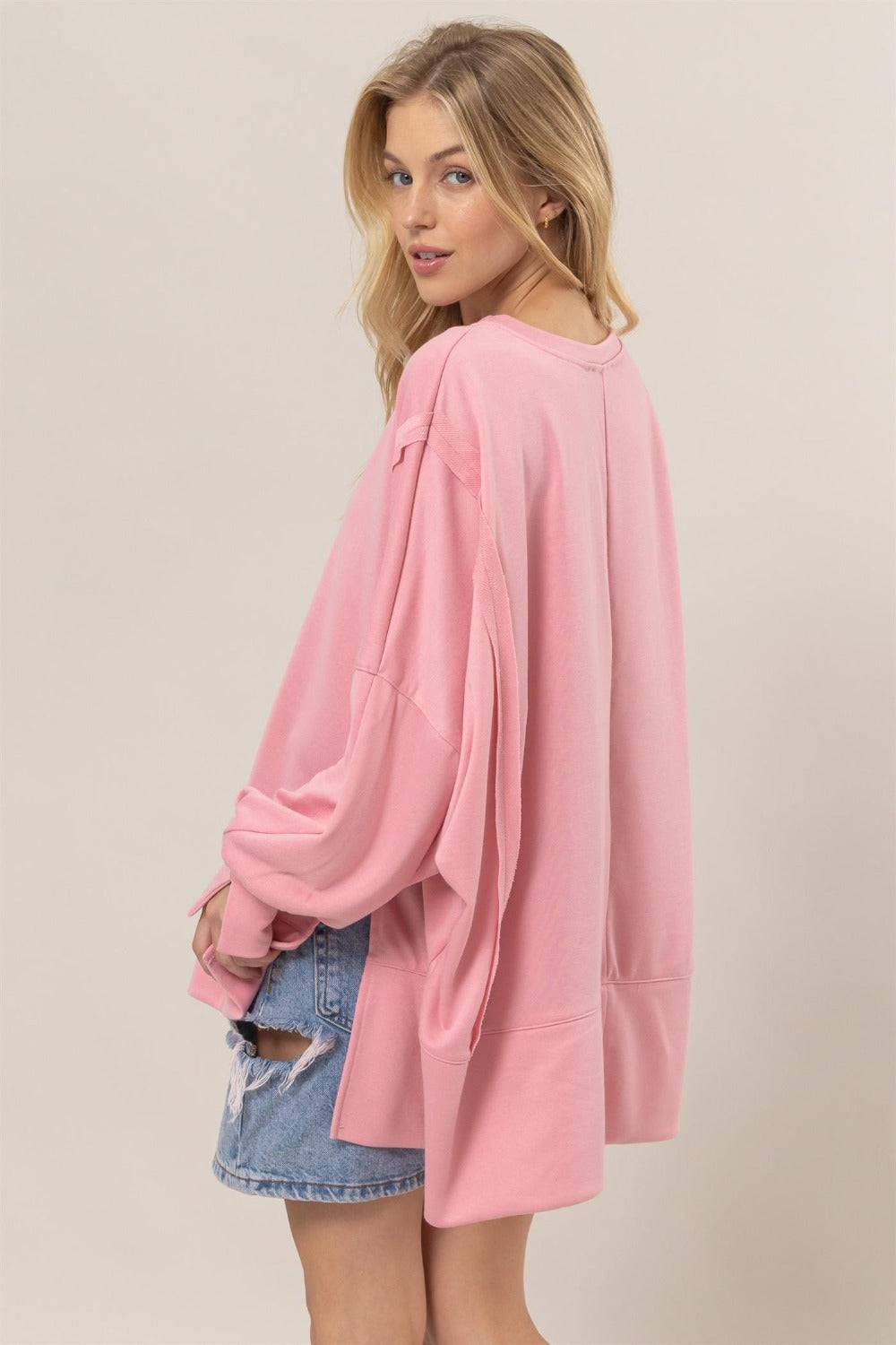 Moments of Bliss French Terry Long Sleeve High-Low Slit Sweatshirt