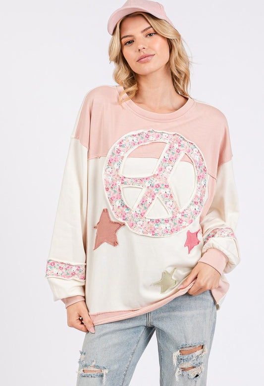 The Embrace Peace & Star Patch Contrast Round Neck Sweatshirt